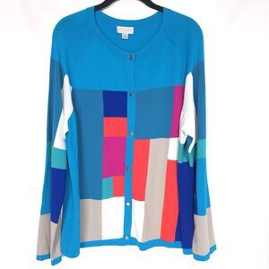 CARLISLE NEW YORK Size XL Multicolor Block Cardigan Knit Blue Soft Button Up